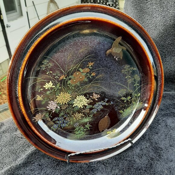 VTG  Serving Platter Grouse Birds Flowers Iridescent Pattern Japan Round 12" D - Picture 11 of 14